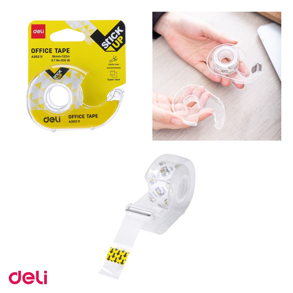 Set 10 dispensere cu banda adeziva Deli, 18 mm x 7.62 m, material non-toxic, pentru birou si uz casnic [4]