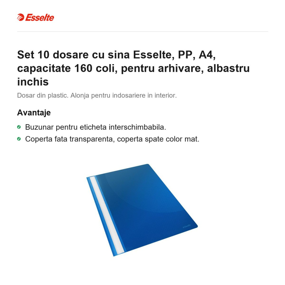 Set 10 dosare cu sina Esselte, PP, A4, capacitate 160 coli, pentru arhivare, albastru inchis [2]