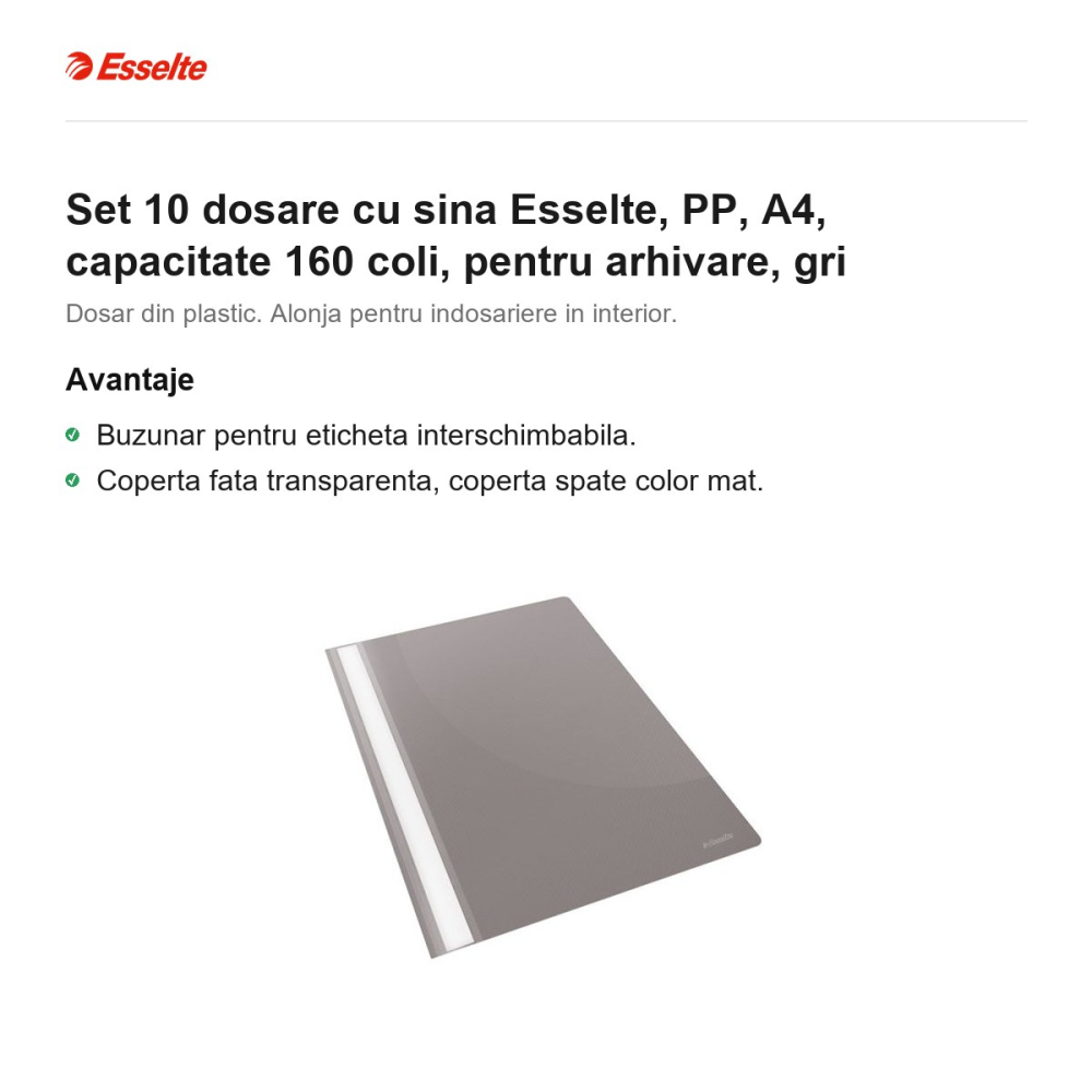 Set 10 dosare cu sina Esselte, PP, A4, capacitate 160 coli, pentru arhivare, gri [2]