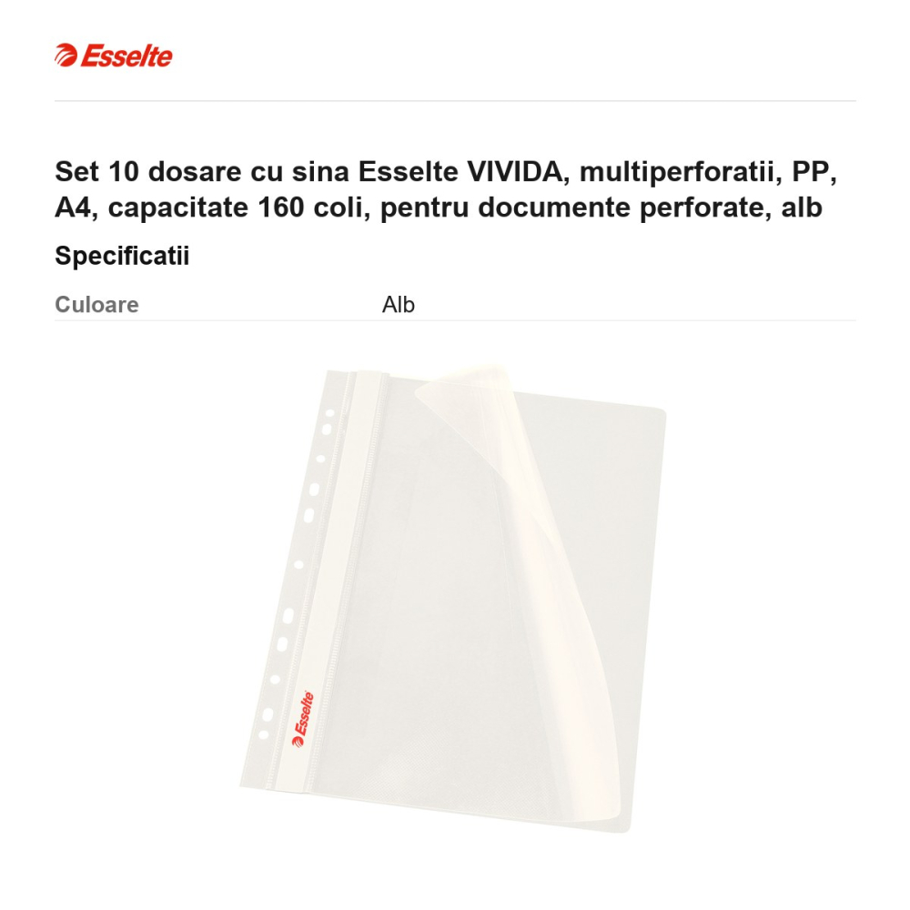 Set 10 dosare cu sina Esselte VIVIDA, multiperforatii, PP, A4, capacitate 160 coli, pentru documente perforate, alb [3]