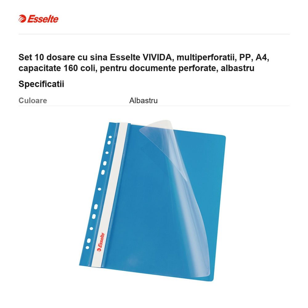 Set 10 dosare cu sina Esselte VIVIDA, multiperforatii, PP, A4, capacitate 160 coli, pentru documente perforate, albastru [3]