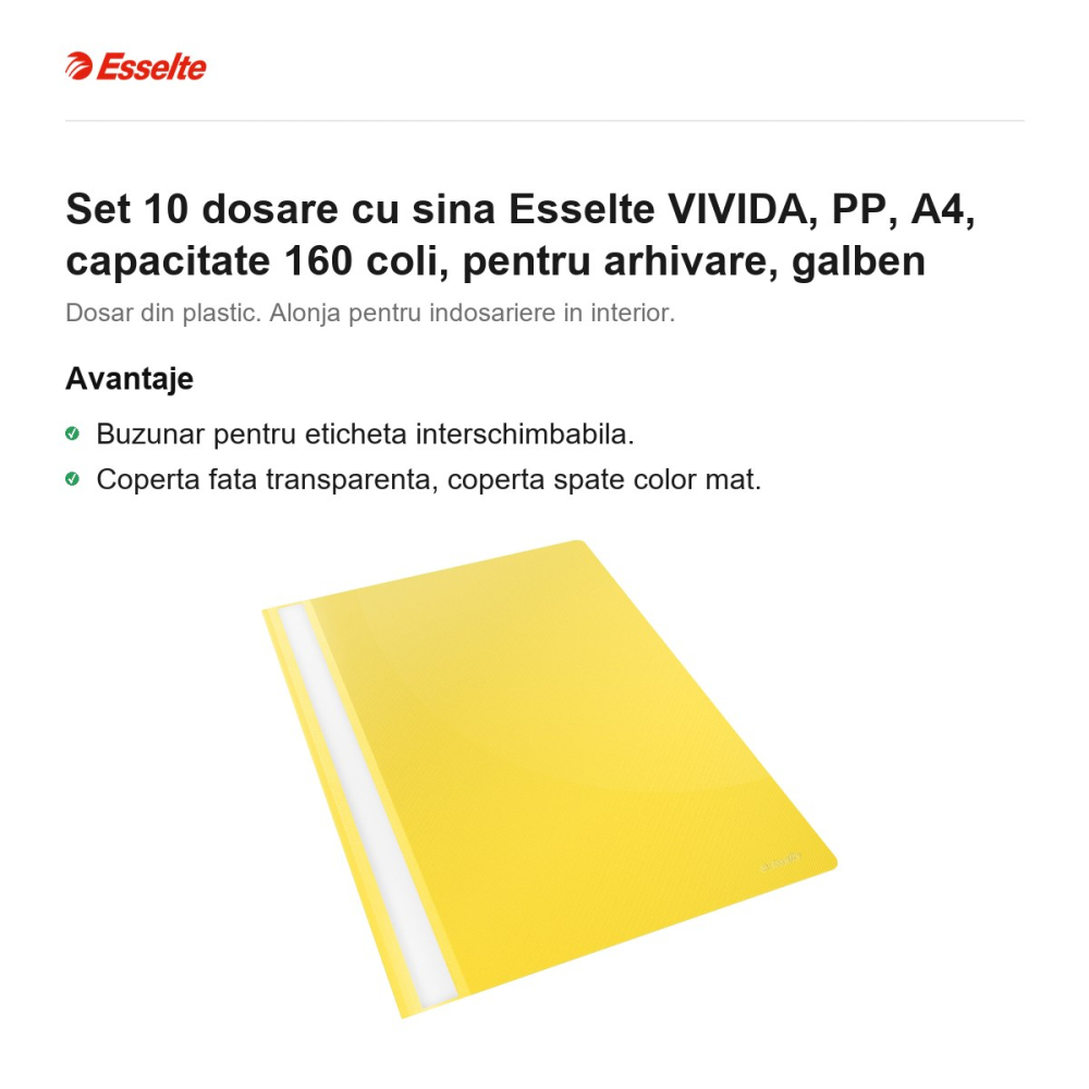 Set 10 dosare cu sina Esselte VIVIDA, PP, A4, capacitate 160 coli, pentru arhivare, galben [2]