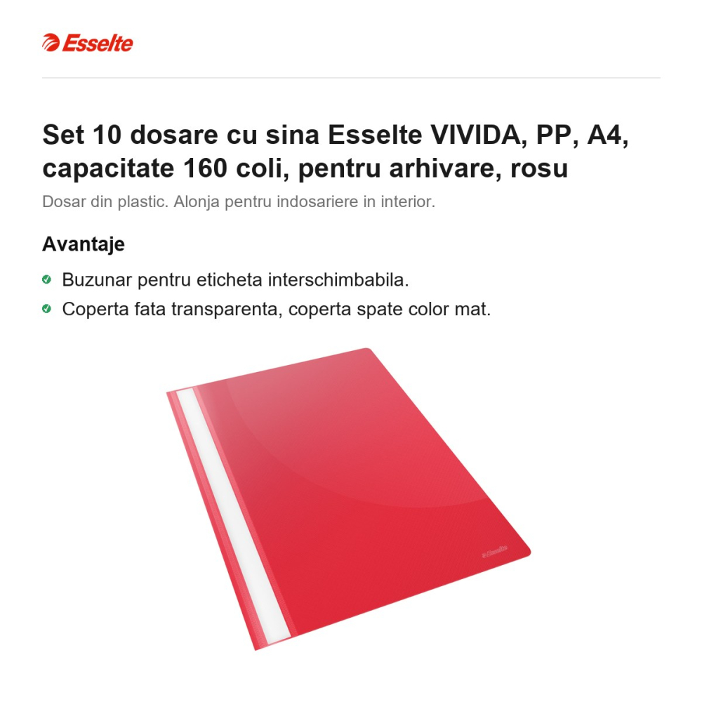 Set 10 dosare cu sina Esselte VIVIDA, PP, A4, capacitate 160 coli, pentru arhivare, rosu [2]