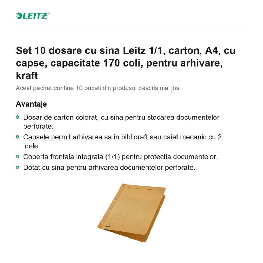 Set 10 dosare cu sina Leitz 1/1, carton, A4, cu capse, capacitate 170 coli, pentru arhivare, kraft [2]