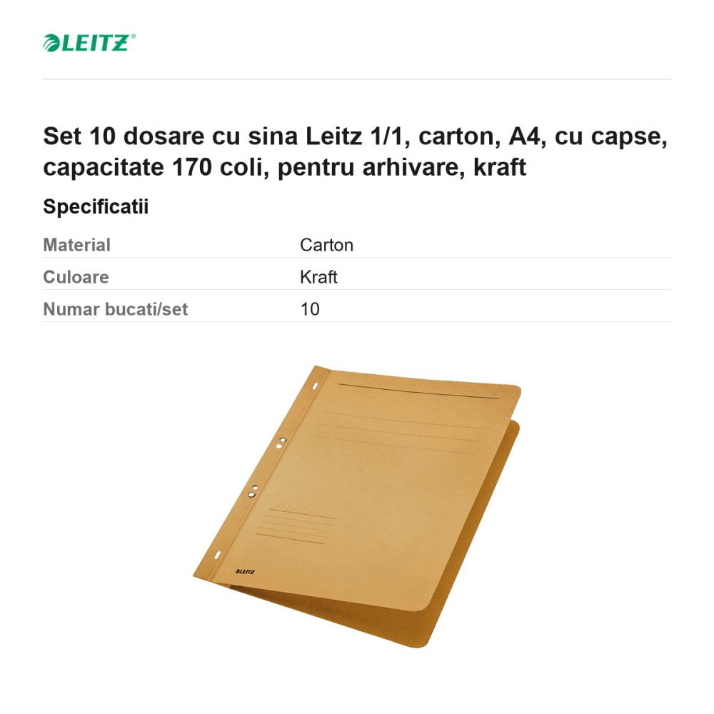 Set 10 dosare cu sina Leitz 1/1, carton, A4, cu capse, capacitate 170 coli, pentru arhivare, kraft [3]