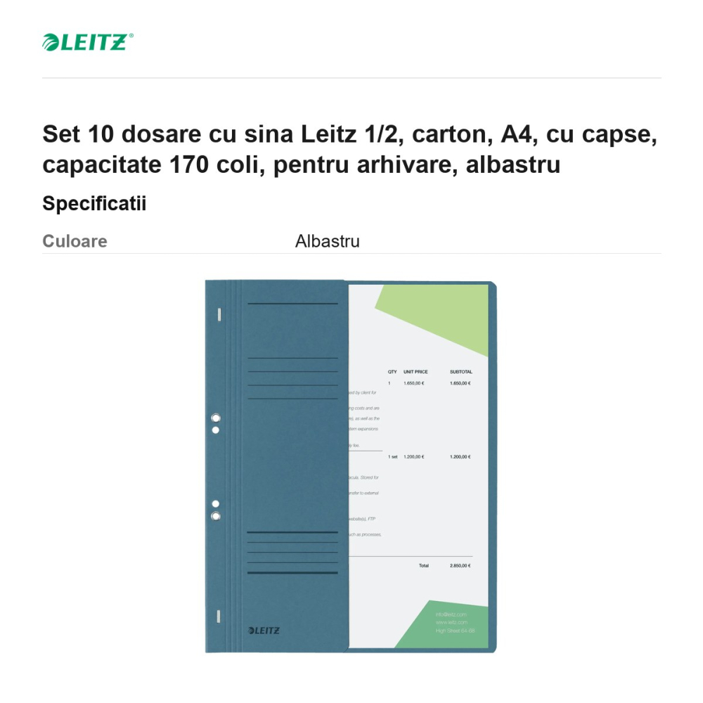 Set 10 dosare cu sina Leitz 1/2, carton, A4, cu capse, capacitate 170 coli, pentru arhivare, albastru [3]