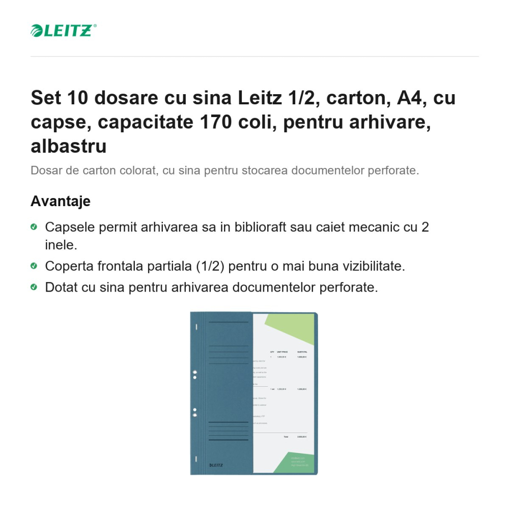 Set 10 dosare cu sina Leitz 1/2, carton, A4, cu capse, capacitate 170 coli, pentru arhivare, albastru [2]