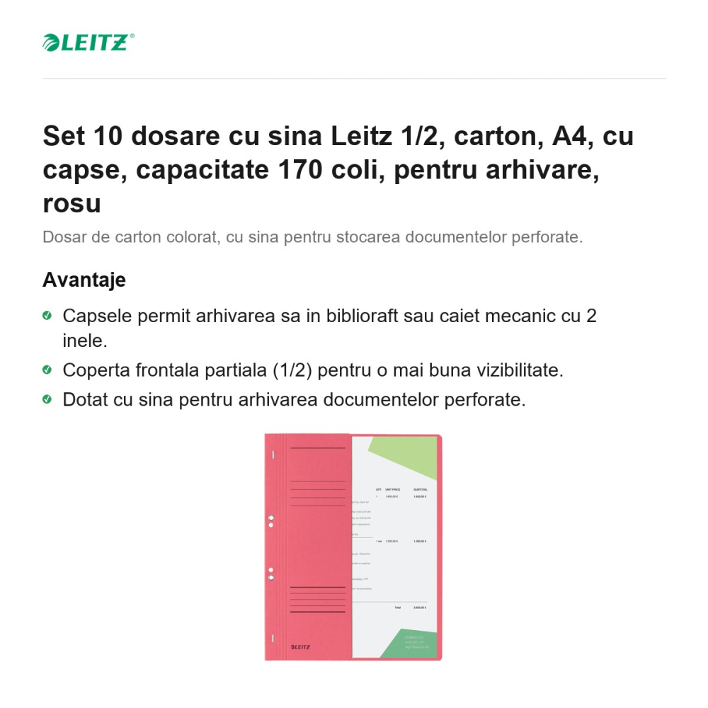 Set 10 dosare cu sina Leitz 1/2, carton, A4, cu capse, capacitate 170 coli, pentru arhivare, rosu [2]