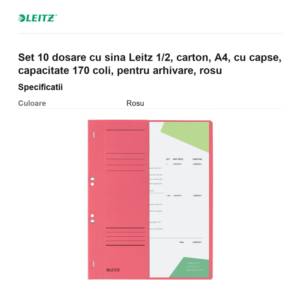 Set 10 dosare cu sina Leitz 1/2, carton, A4, cu capse, capacitate 170 coli, pentru arhivare, rosu [3]