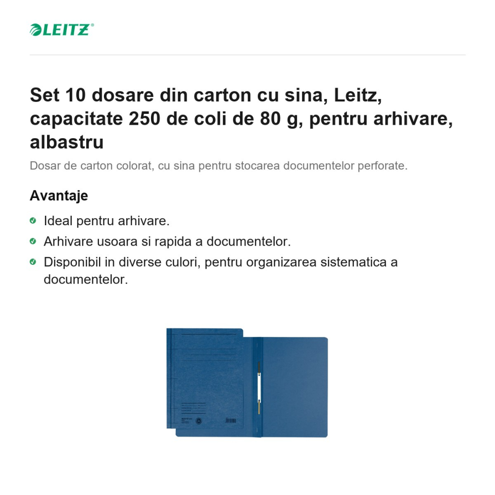 Set 10 dosare din carton cu sina, Leitz, capacitate 250 de coli de 80 g, pentru arhivare, albastru [2]