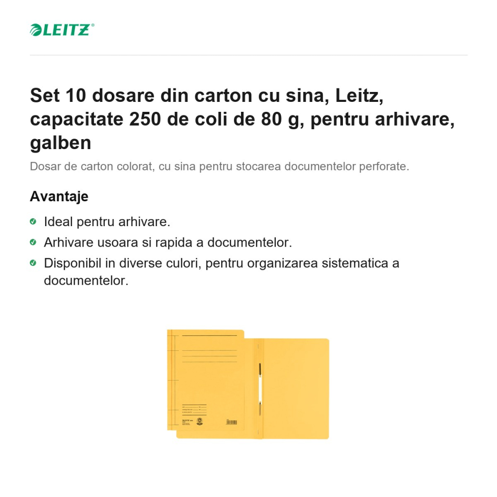 Set 10 dosare din carton cu sina, Leitz, capacitate 250 de coli de 80 g, pentru arhivare, galben [2]