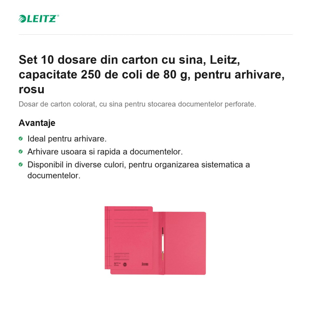 Set 10 dosare din carton cu sina, Leitz, capacitate 250 de coli de 80 g, pentru arhivare, rosu [2]