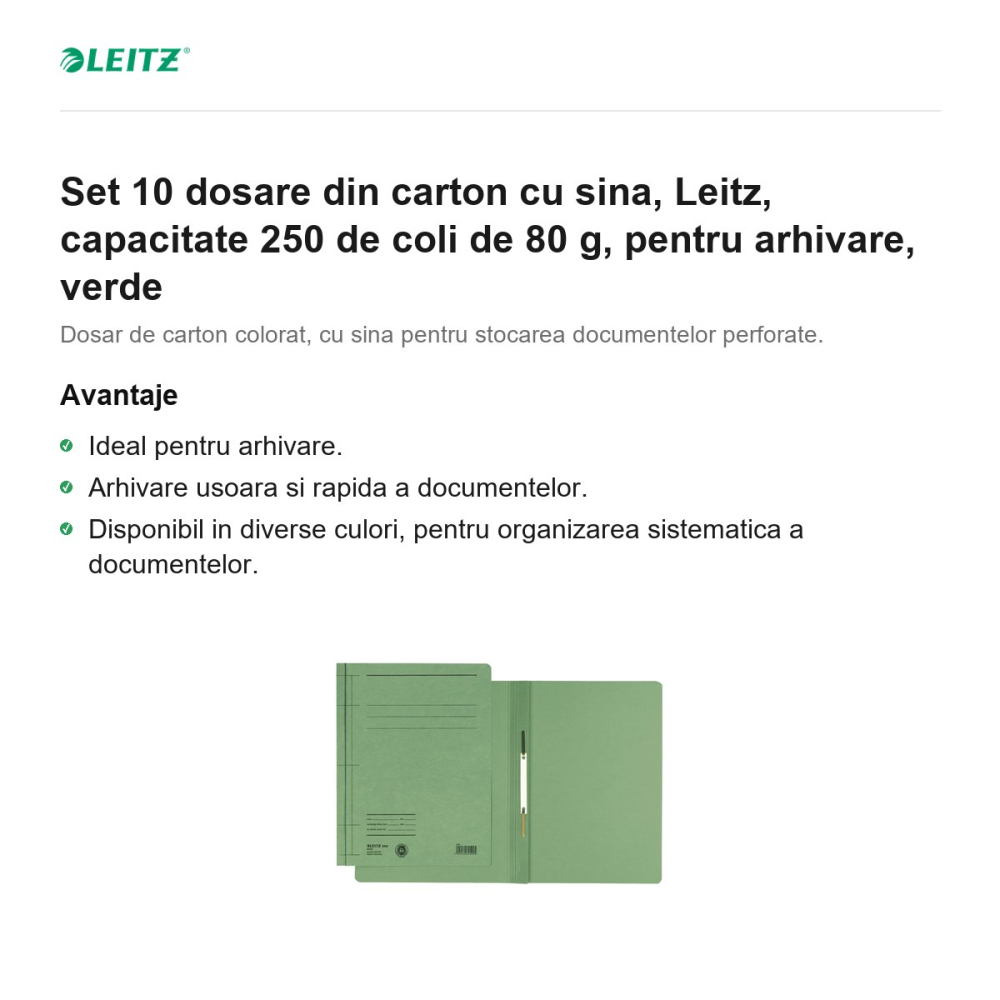 Set 10 dosare din carton cu sina, Leitz, capacitate 250 de coli de 80 g, pentru arhivare, verde [2]