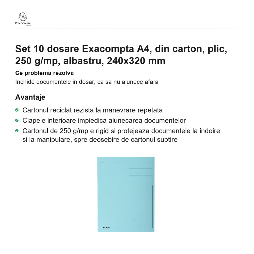 Set 10 dosare Exacompta A4, din carton, plic, 250 g/mp, albastru, 240x320 mm [2]