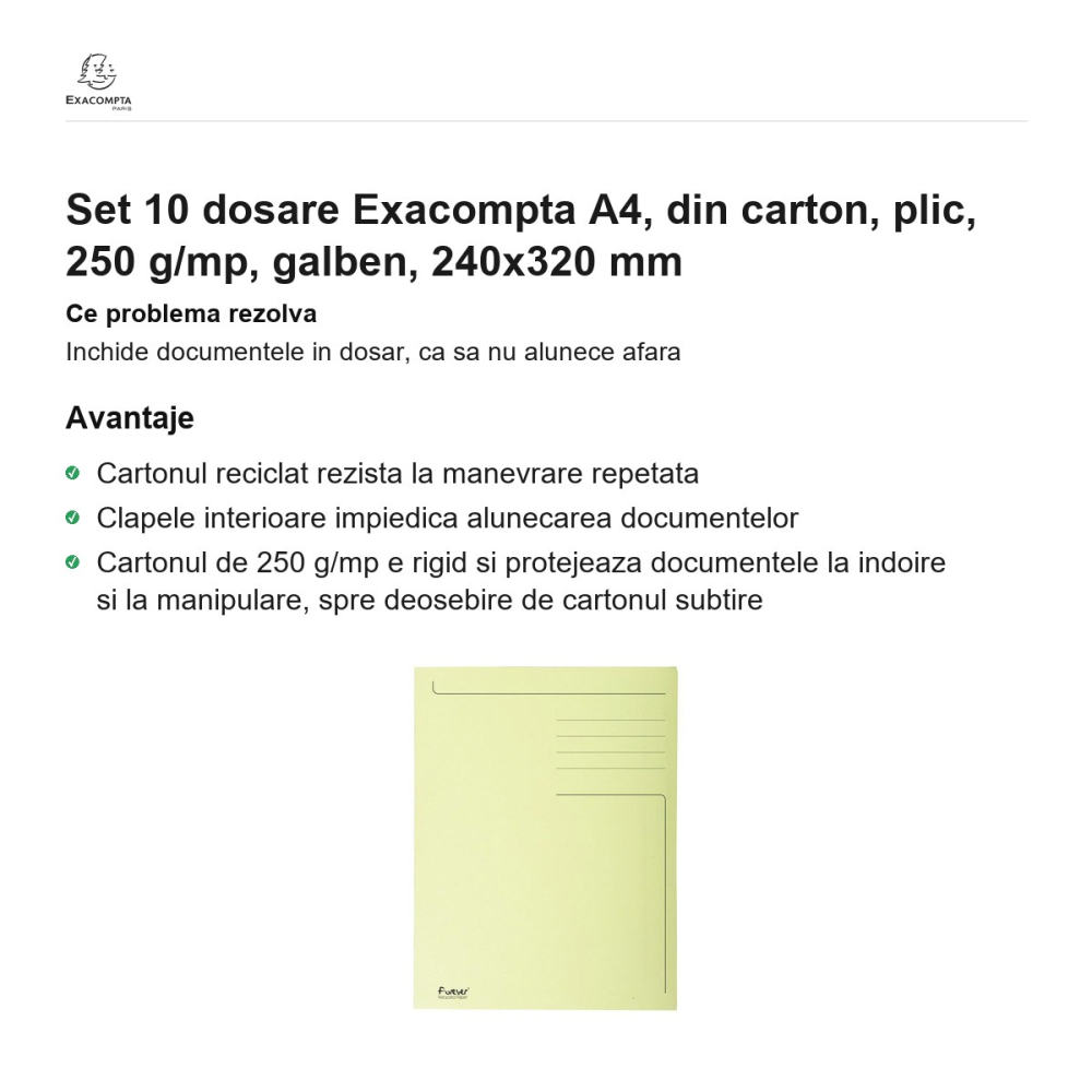 Set 10 dosare Exacompta A4, din carton, plic, 250 g/mp, galben, 240x320 mm [2]