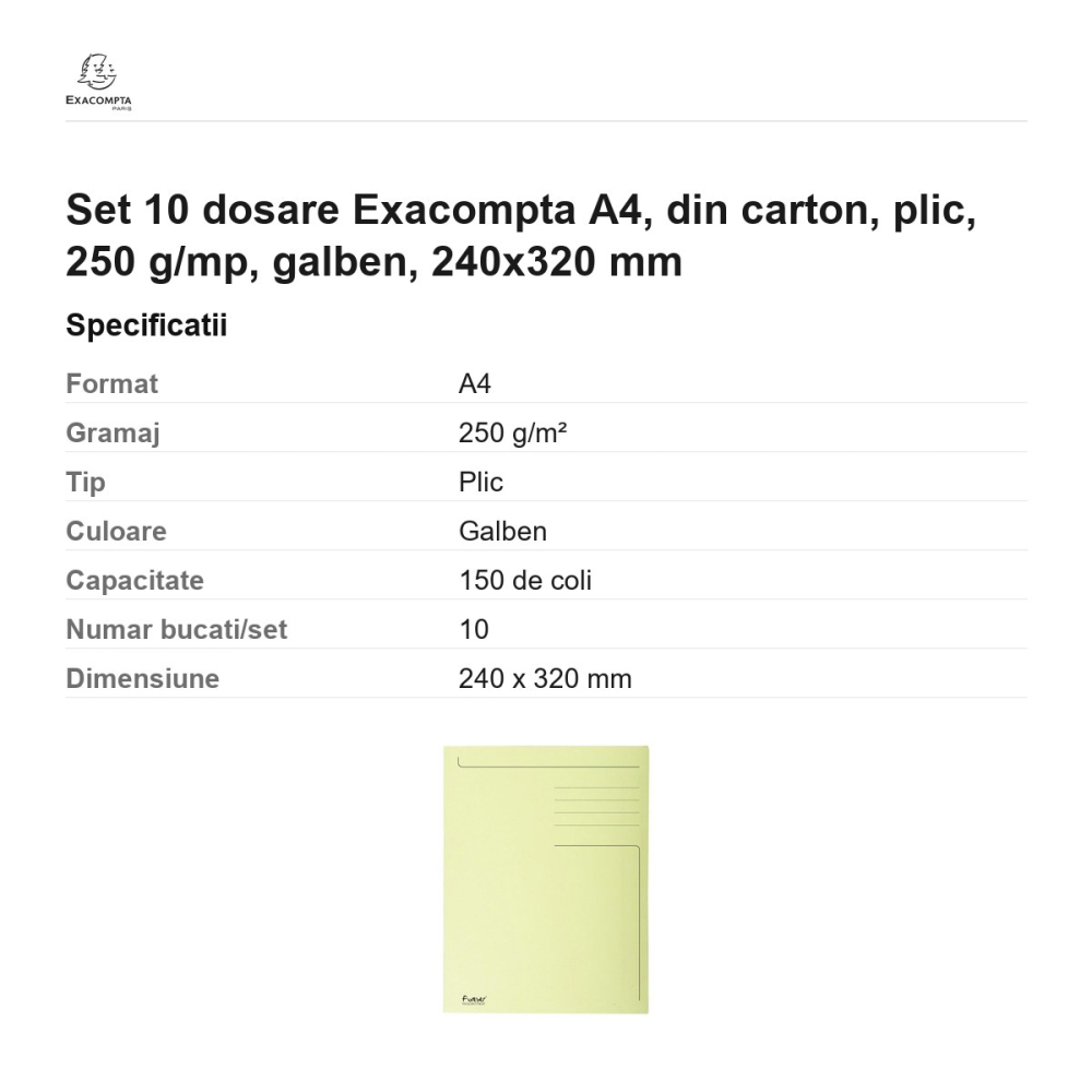 Set 10 dosare Exacompta A4, din carton, plic, 250 g/mp, galben, 240x320 mm [3]
