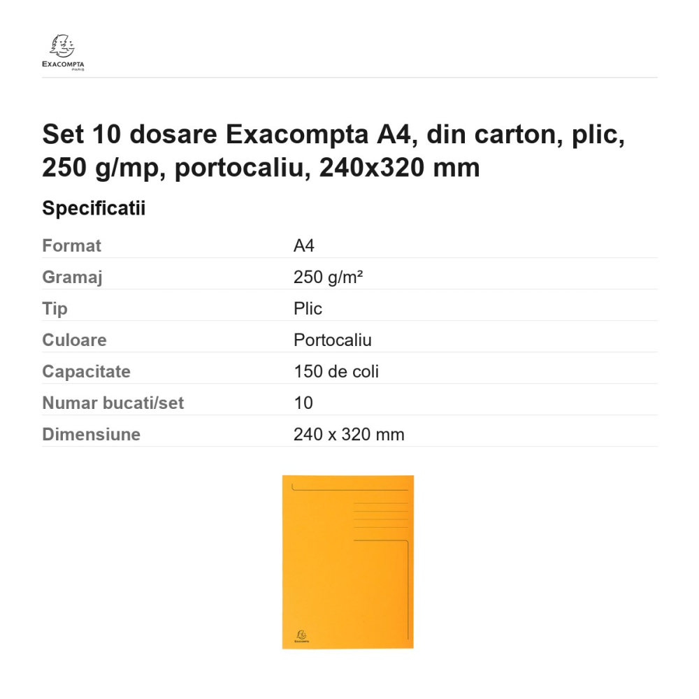 Set 10 dosare Exacompta A4, din carton, plic, 250 g/mp, portocaliu, 240x320 mm [3]