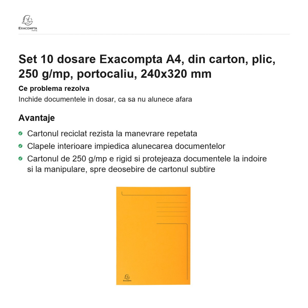 Set 10 dosare Exacompta A4, din carton, plic, 250 g/mp, portocaliu, 240x320 mm [2]