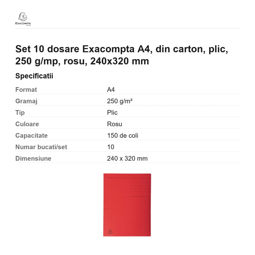 Set 10 dosare Exacompta A4, din carton, plic, 250 g/mp, rosu, 240x320 mm [3]