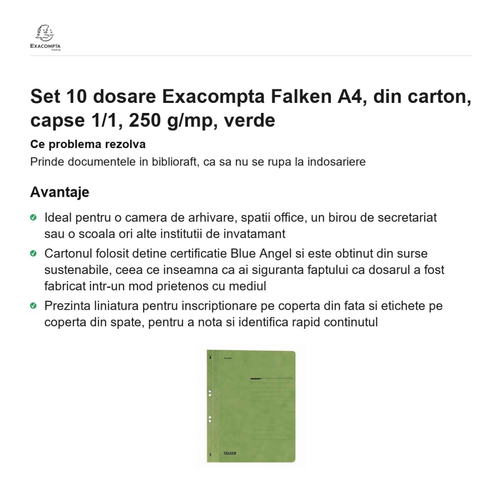 Set 10 dosare Exacompta Falken A4, din carton, capse 1/1, 250 g/mp, verde [2]