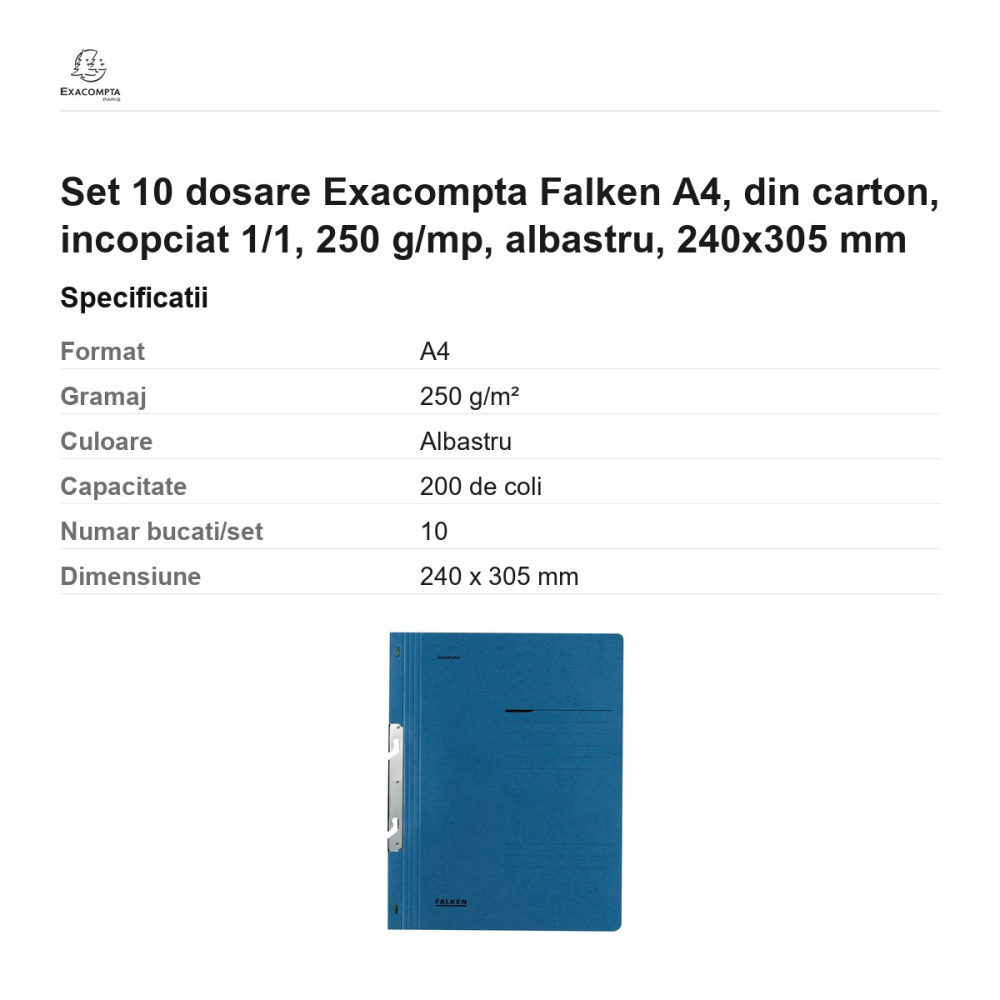 Set 10 dosare Exacompta Falken A4, din carton, incopciat 1/1, 250 g/mp, albastru, 240x305 mm [3]