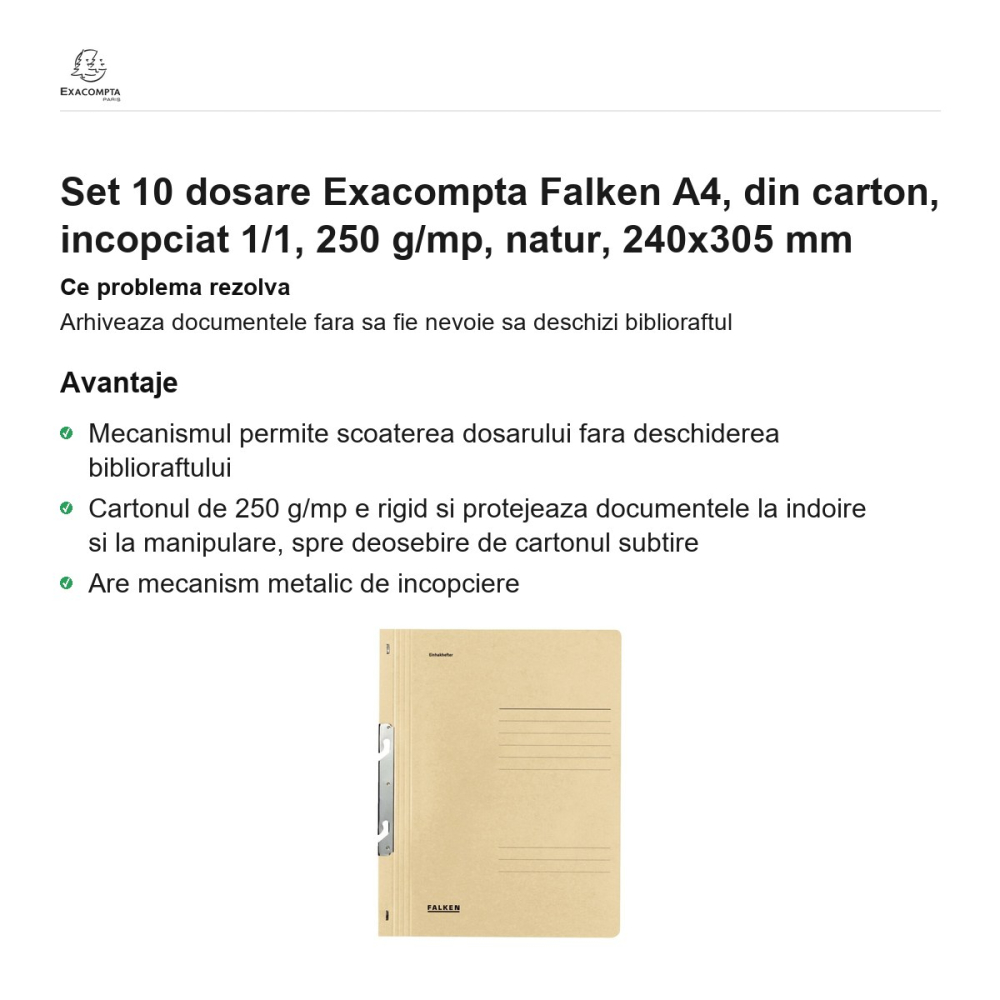 Set 10 dosare Exacompta Falken A4, din carton, incopciat 1/1, 250 g/mp, natur, 240x305 mm [2]