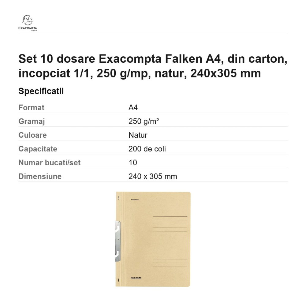 Set 10 dosare Exacompta Falken A4, din carton, incopciat 1/1, 250 g/mp, natur, 240x305 mm [3]