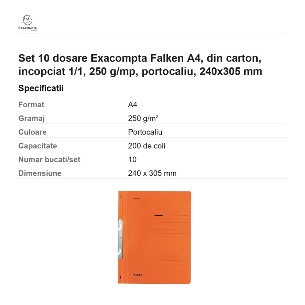 Set 10 dosare Exacompta Falken A4, din carton, incopciat 1/1, 250 g/mp, portocaliu, 240x305 mm [3]