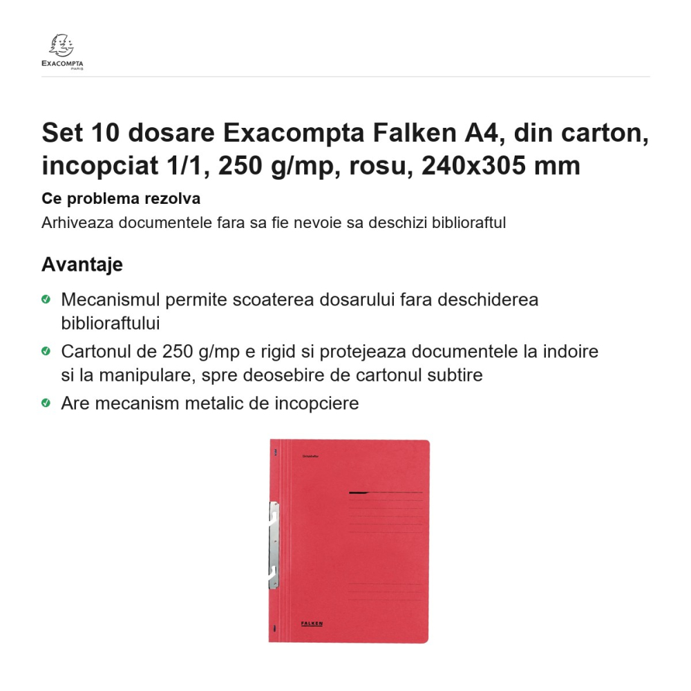 Set 10 dosare Exacompta Falken A4, din carton, incopciat 1/1, 250 g/mp, rosu, 240x305 mm [2]