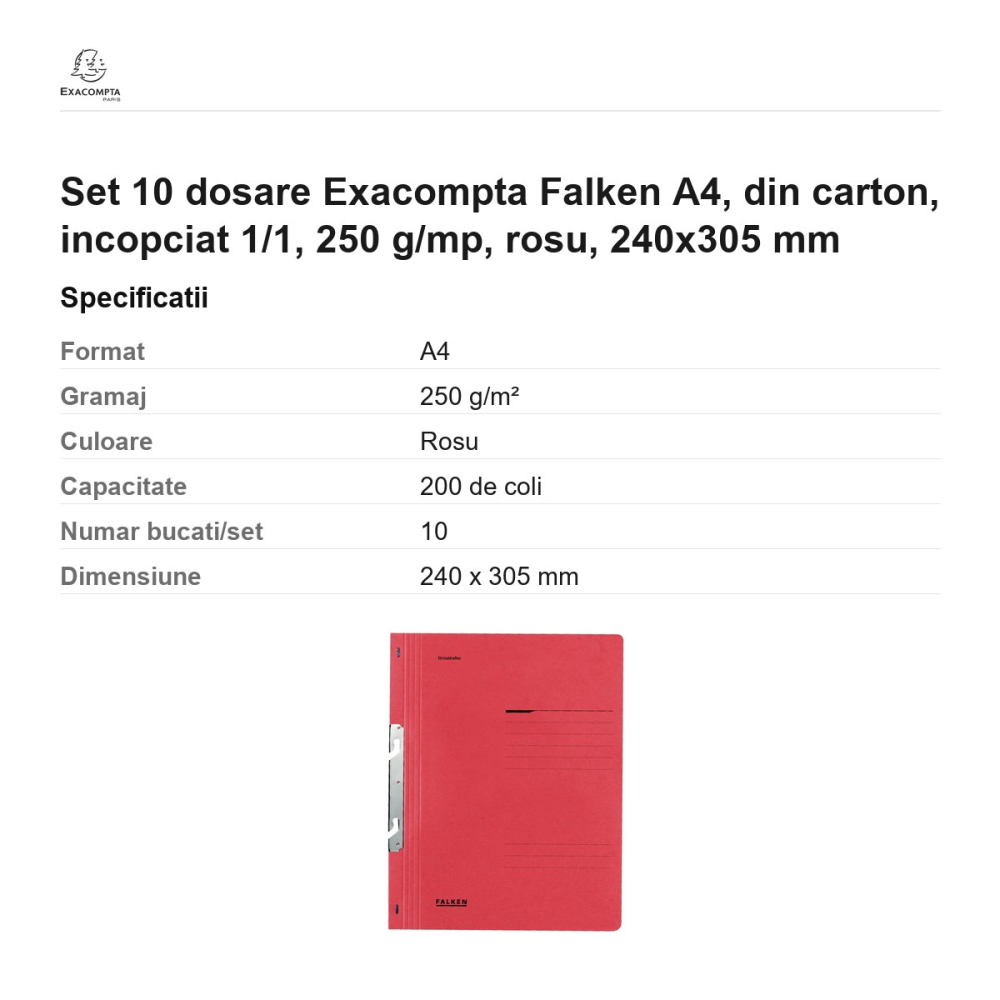 Set 10 dosare Exacompta Falken A4, din carton, incopciat 1/1, 250 g/mp, rosu, 240x305 mm [3]