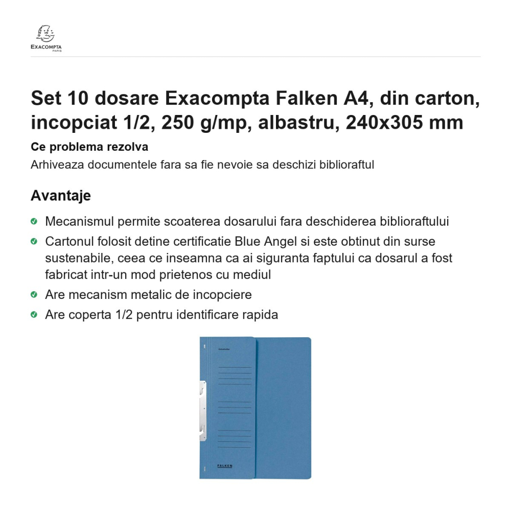 Set 10 dosare Exacompta Falken A4, din carton, incopciat 1/2, 250 g/mp, albastru, 240x305 mm [2]