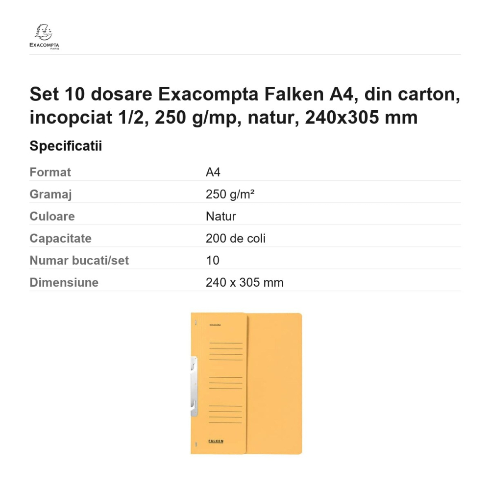 Set 10 dosare Exacompta Falken A4, din carton, incopciat 1/2, 250 g/mp, natur, 240x305 mm [3]