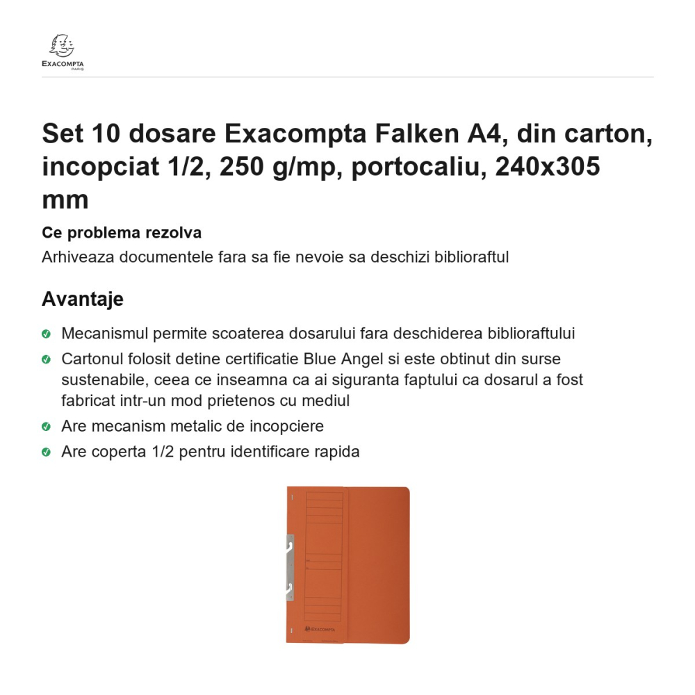 Set 10 dosare Exacompta Falken A4, din carton, incopciat 1/2, 250 g/mp, portocaliu, 240x305 mm [2]