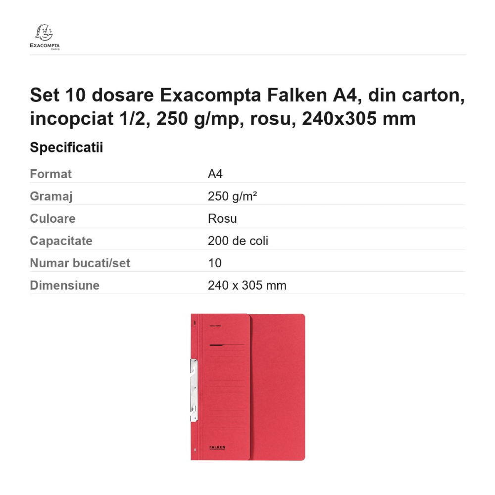 Set 10 dosare Exacompta Falken A4, din carton, incopciat 1/2, 250 g/mp, rosu, 240x305 mm [3]