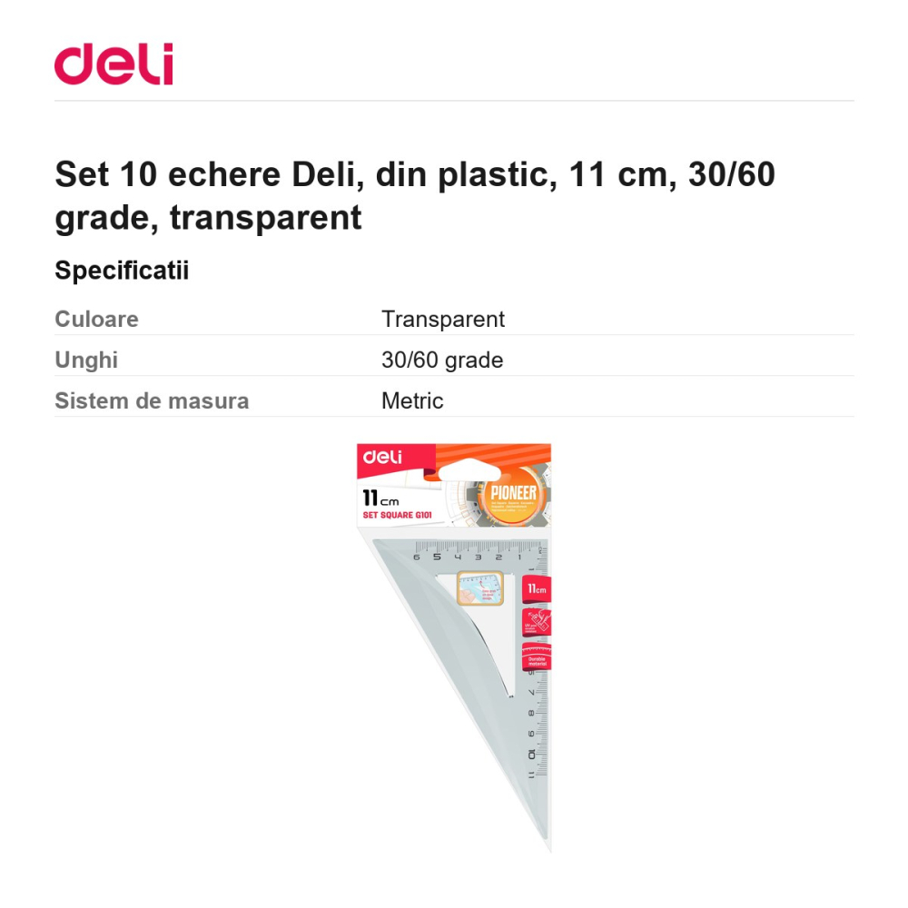 Set 10 echere Deli, din plastic, 11 cm, 30/60 grade, transparent [3]