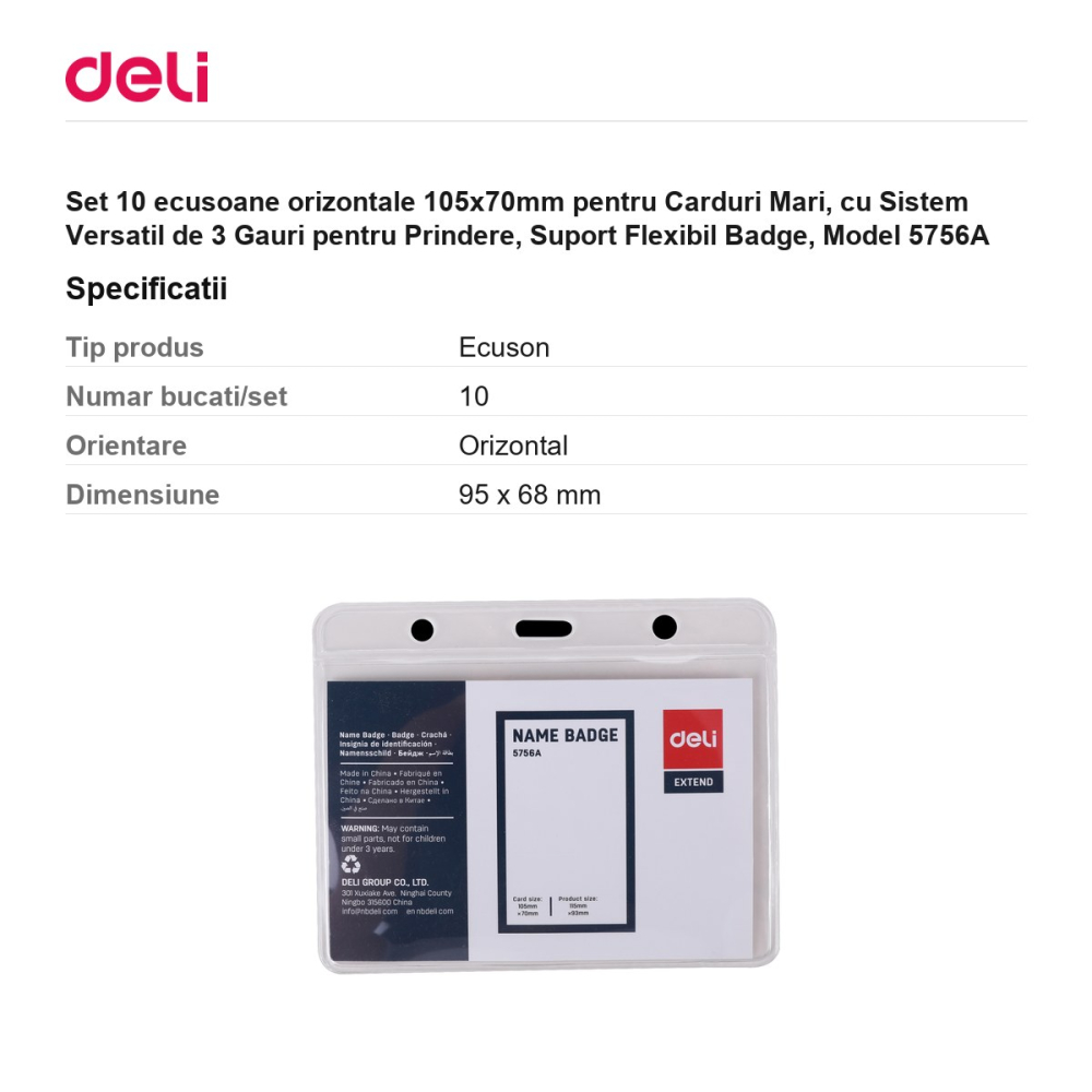 Set 10 ecusoane orizontale 105x70mm pentru Carduri Mari, cu Sistem Versatil de 3 Gauri pentru Prindere, Suport Flexibil Badge, Model 5756A [3]
