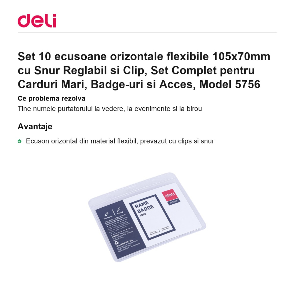 Set 10 ecusoane orizontale flexibile 105x70mm cu Snur Reglabil si Clip, Set Complet pentru Carduri Mari, Badge-uri si Acces, Model 5756 [2]