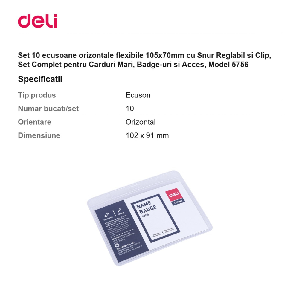 Set 10 ecusoane orizontale flexibile 105x70mm cu Snur Reglabil si Clip, Set Complet pentru Carduri Mari, Badge-uri si Acces, Model 5756 [3]