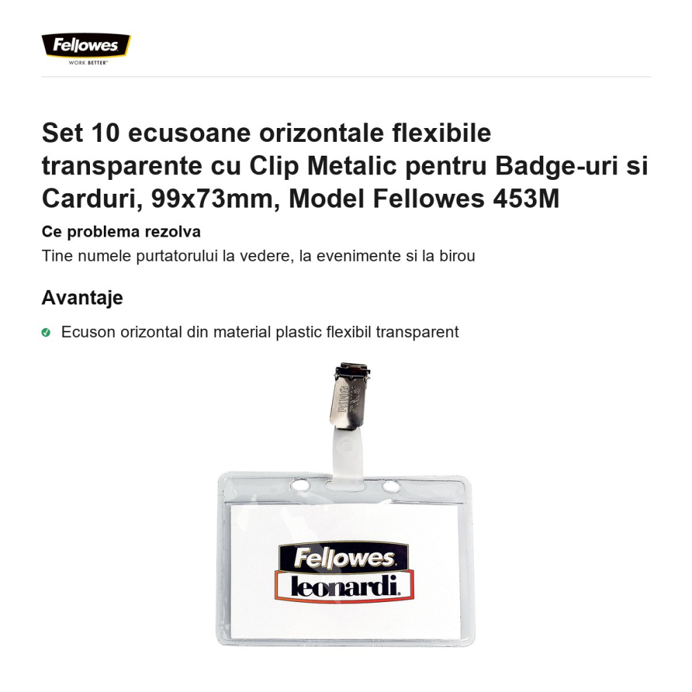 Set 10 ecusoane orizontale flexibile transparente cu Clip Metalic pentru Badge-uri si Carduri, 99x73mm, Model Fellowes 453M [2]