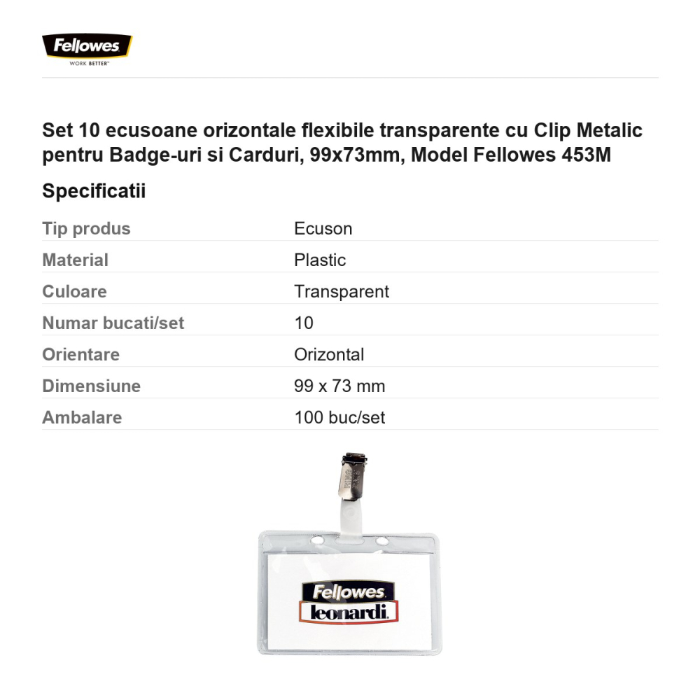 Set 10 ecusoane orizontale flexibile transparente cu Clip Metalic pentru Badge-uri si Carduri, 99x73mm, Model Fellowes 453M [3]