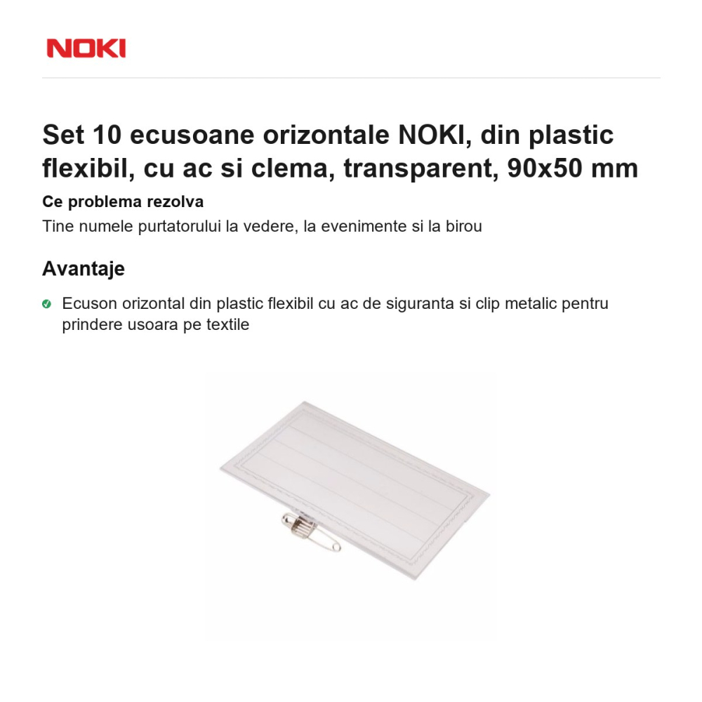 Set 10 ecusoane orizontale NOKI, din plastic flexibil, cu ac si clema, transparent, 90x50 mm [2]