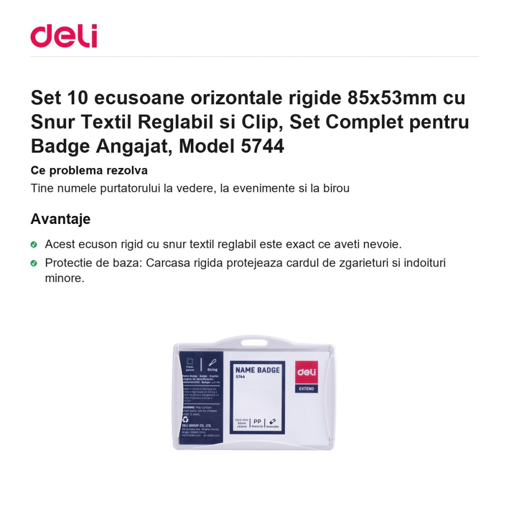 Set 10 ecusoane orizontale rigide 85x53mm cu Snur Textil Reglabil si Clip, Set Complet pentru Badge Angajat, Model 5744 [2]