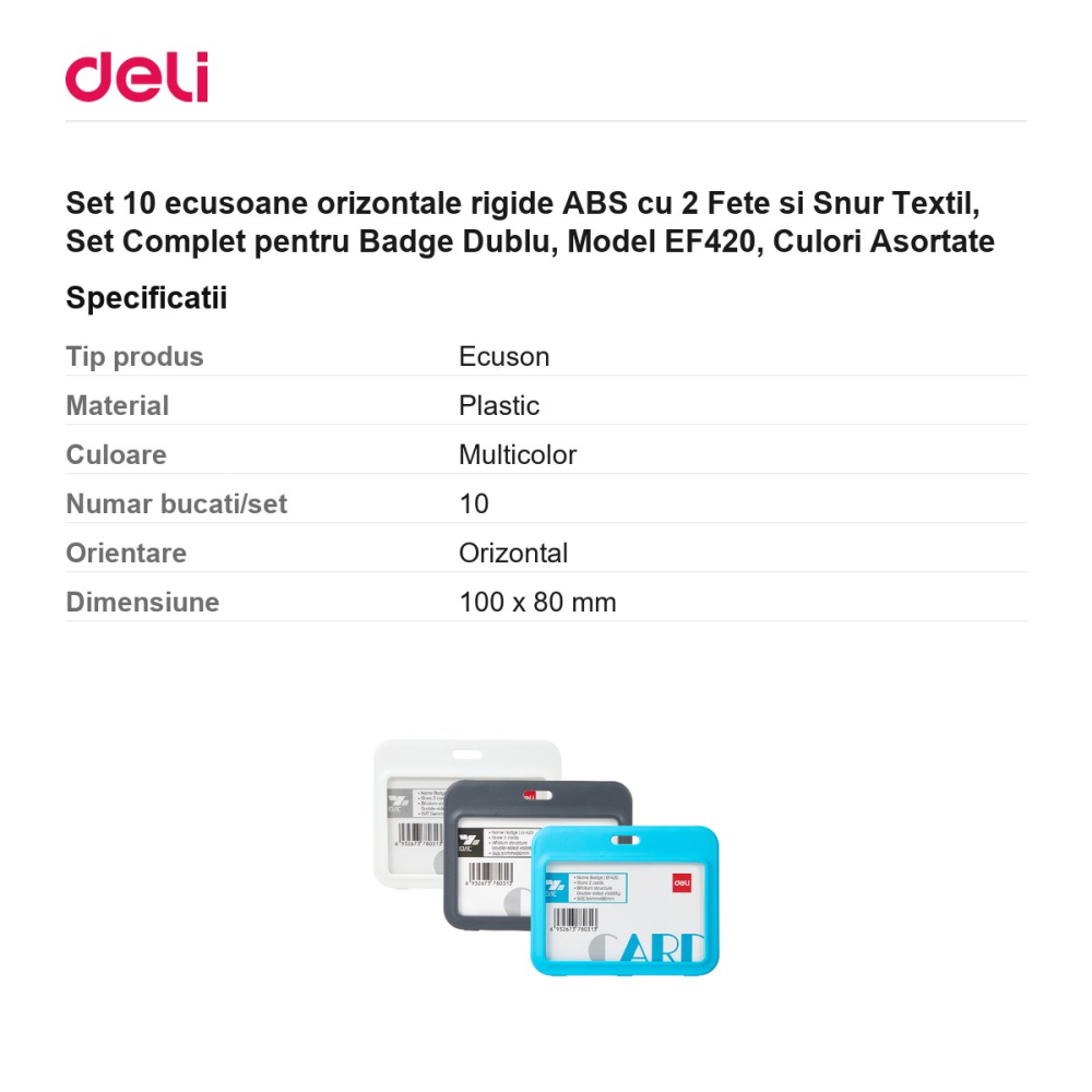 Set 10 ecusoane orizontale rigide ABS cu 2 Fete si Snur Textil, Set Complet pentru Badge Dublu, Model EF420, Culori Asortate [3]