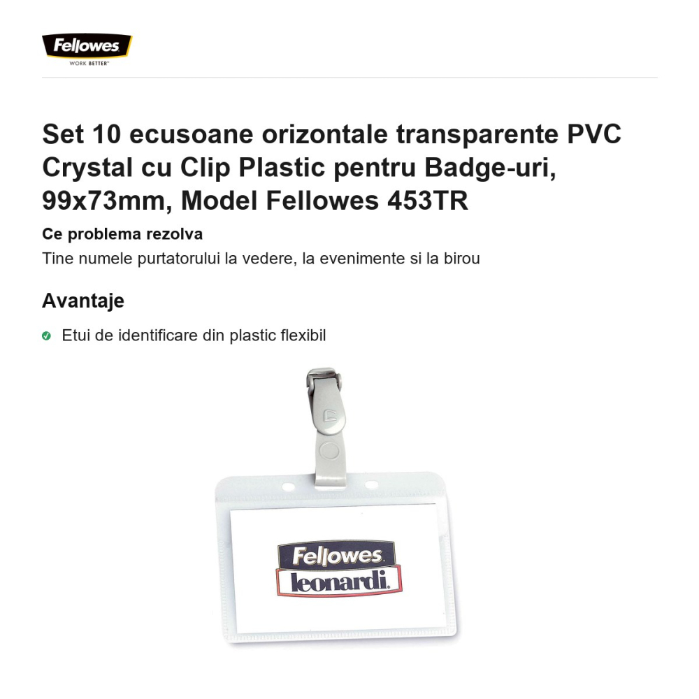 Set 10 ecusoane orizontale transparente PVC Crystal cu Clip Plastic pentru Badge-uri, 99x73mm, Model Fellowes 453TR [2]