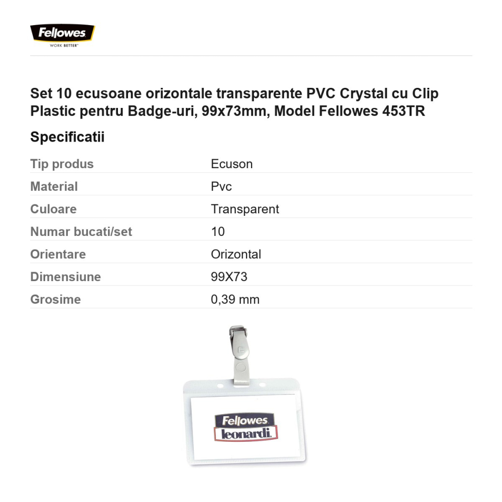 Set 10 ecusoane orizontale transparente PVC Crystal cu Clip Plastic pentru Badge-uri, 99x73mm, Model Fellowes 453TR [3]