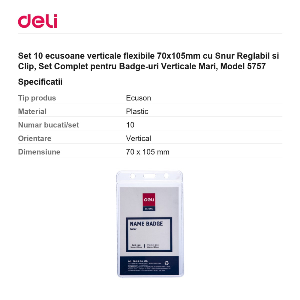 Set 10 ecusoane verticale flexibile 70x105mm cu Snur Reglabil si Clip, Set Complet pentru Badge-uri Verticale Mari, Model 5757 [3]