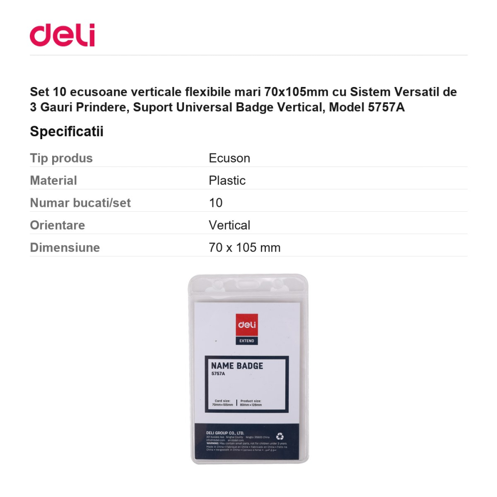 Set 10 ecusoane verticale flexibile mari 70x105mm cu Sistem Versatil de 3 Gauri Prindere, Suport Universal Badge Vertical, Model 5757A [3]