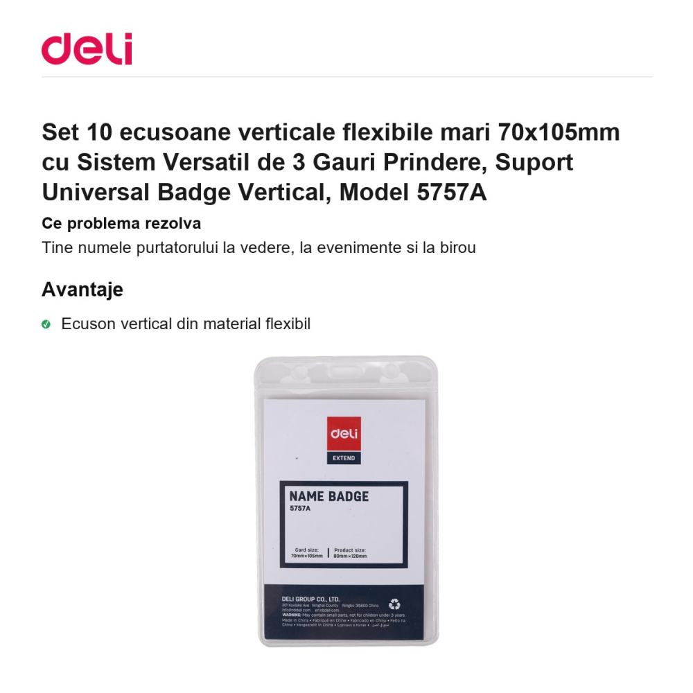 Set 10 ecusoane verticale flexibile mari 70x105mm cu Sistem Versatil de 3 Gauri Prindere, Suport Universal Badge Vertical, Model 5757A [2]