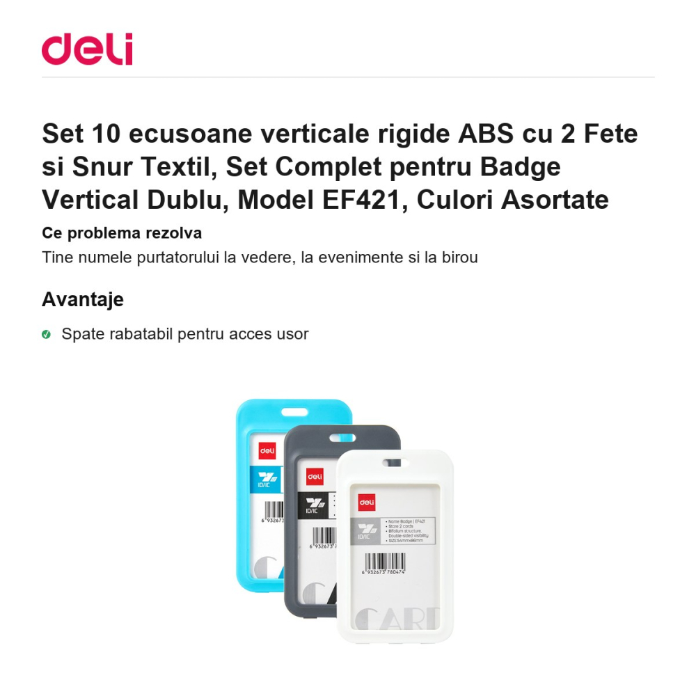 Set 10 ecusoane verticale rigide ABS cu 2 Fete si Snur Textil, Set Complet pentru Badge Vertical Dublu, Model EF421, Culori Asortate [2]