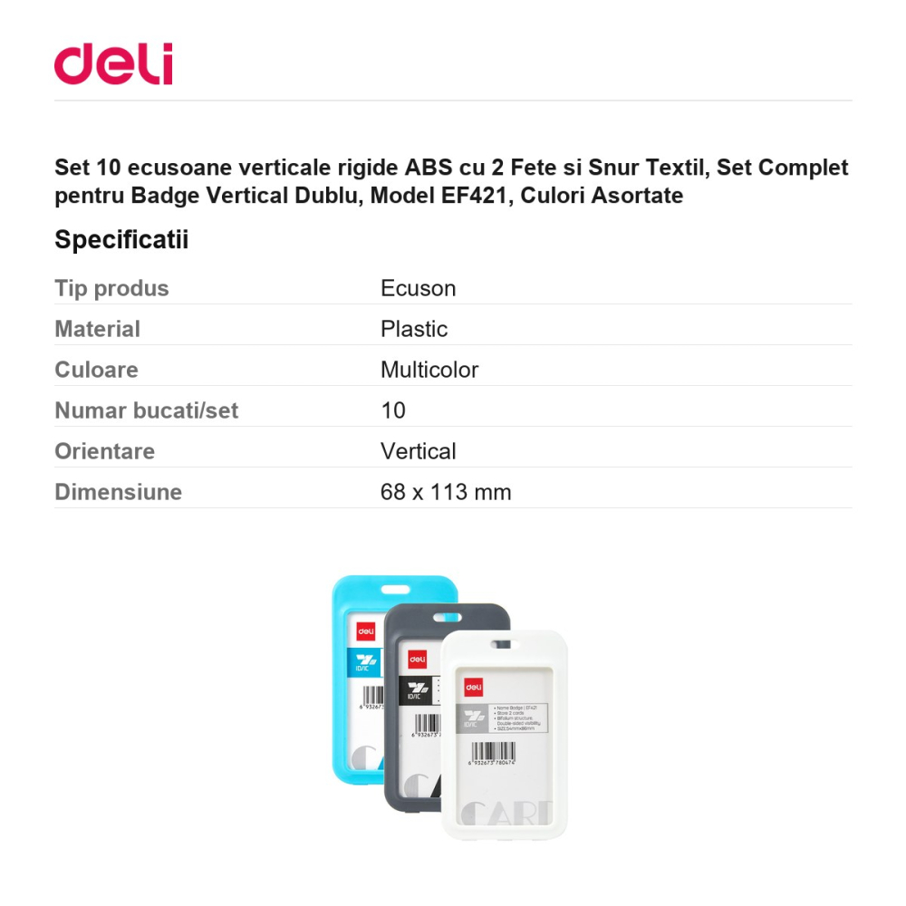 Set 10 ecusoane verticale rigide ABS cu 2 Fete si Snur Textil, Set Complet pentru Badge Vertical Dublu, Model EF421, Culori Asortate [3]